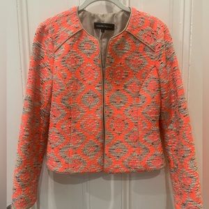 Nanette Lepore tweed southwestern blazer in neon Orange and pink.